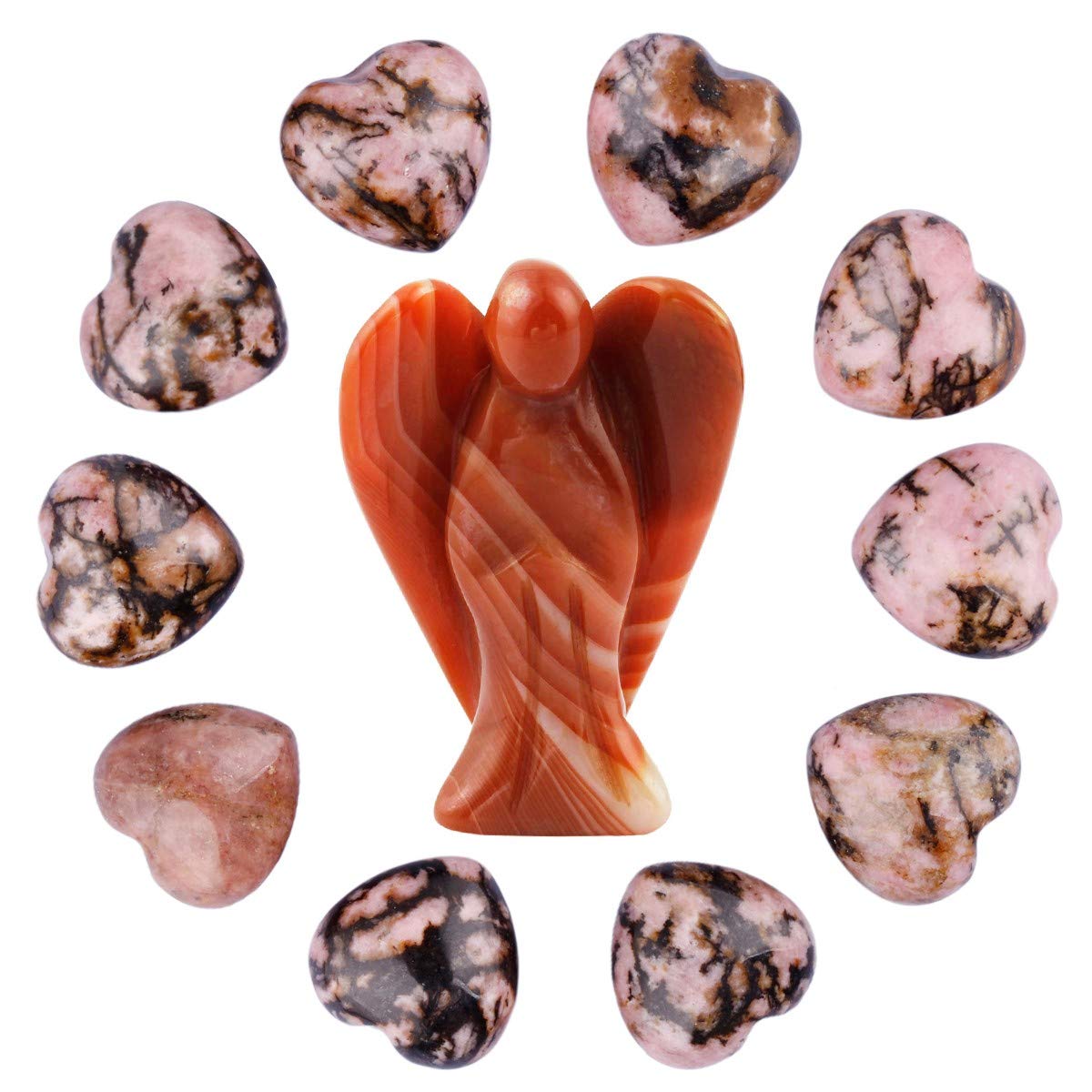mookaitedecor Carnelian Crystal Angel Ornament Guardian Angel Statue & Rhodonite Heart Crystals Set Pink Heart Shaped Stones Love Ornament Reiki Healing Crystal Set Small Crystal Heart Gift