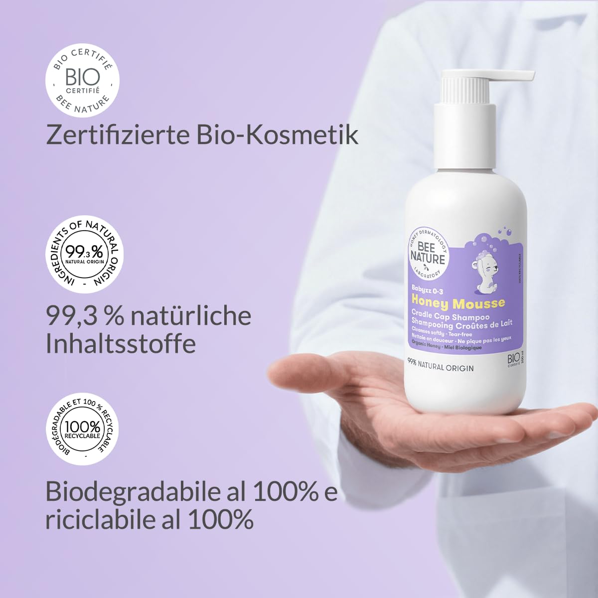 Bee Nature - Baby Shampoo Bio - Milchschorf Behandlung - Tränenfrei - 99.3% Natürlich - Honig Mousse - Geeignet für Neugeborene, Kinder, Erwachsene mit Trockener, Empfindlicher, Ekzem Kopfhaut - 200ml 5