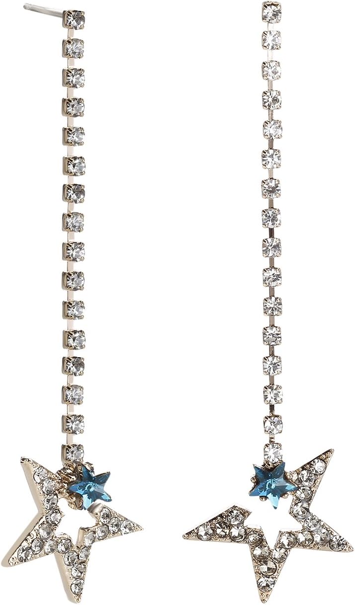 Silver Clover Open Star Crystal Linear Drop Earrings