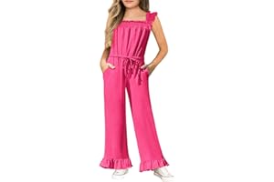 Yousify Girls Jumpsuit Kids Fashion Ruffle Sleeve Belted Wide Leg Romper One Piece Summer Outfits with Pockets 5-14 Years