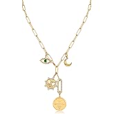 PAVOI 14K Gold Plated Statement Toggle Pendant Charm Necklace for Women | Removable Charms Heart, Celestial, Gemstone Evil Ey