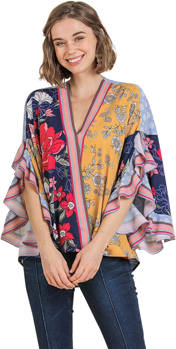 Umgee Women's Floral & Stripe Scallop Sleeve Crossbody Top