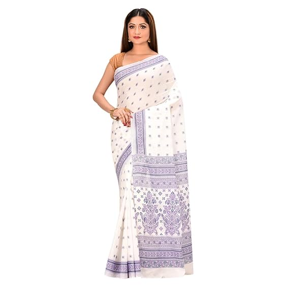 White Cotton Printed Traditional Bengali Saree for Women