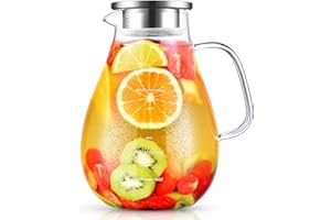 Glass Pitcher, veecom 80oz Water Pitcher with Lid, Large Glass Pitcher with Lid and Spout for Hot&Cold Beverage, Juice, Iced Tea Pitcher for Fridge, Borosilicate Glass Carafe/Jug with Brush Clear