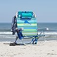 Tommy Bahama 5 Position Beach Chair, Zippered Insulated Cargo Pouch, Cup and Cell Phone Holders, Towel Bar, Pillow for Extra Comfort, Heavy-Duty Weight Capacity, 2-Pack (Aqua Stripes)