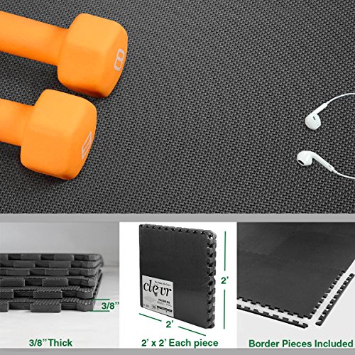 Clevr 96 sq. ft (24 Pieces) Interlocking Gym EVA Foam Floor Mat Tiles (24" x 24") - Black | Protective Flooring Workout Exercise Mat Puzzle Cushion with Borders | 1 Year Limited Warranty - Thumbnail 6