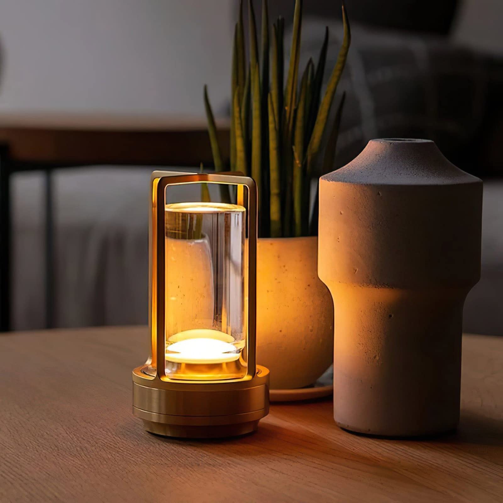 Cordless Small Table Lamp for Bar Restaurant,1500 mAh Rechargeable Wireless Portable Night Lamp, Adjustable Brightness LED Desk Lights with 3 Colors Lights for Bedroom Restaurant Bars (Gold)