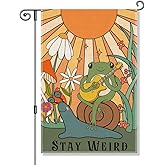 Perfectinsoy Stay Weird Retro Garden Flag, Snail and Frog Outdoor Banner, Funny Welcome Yard Holiday Farmhouse Patio Porch Lawn Outdoor Decor, Cute Frog Playing Guitar Flags, Housewarming Flag Gifts