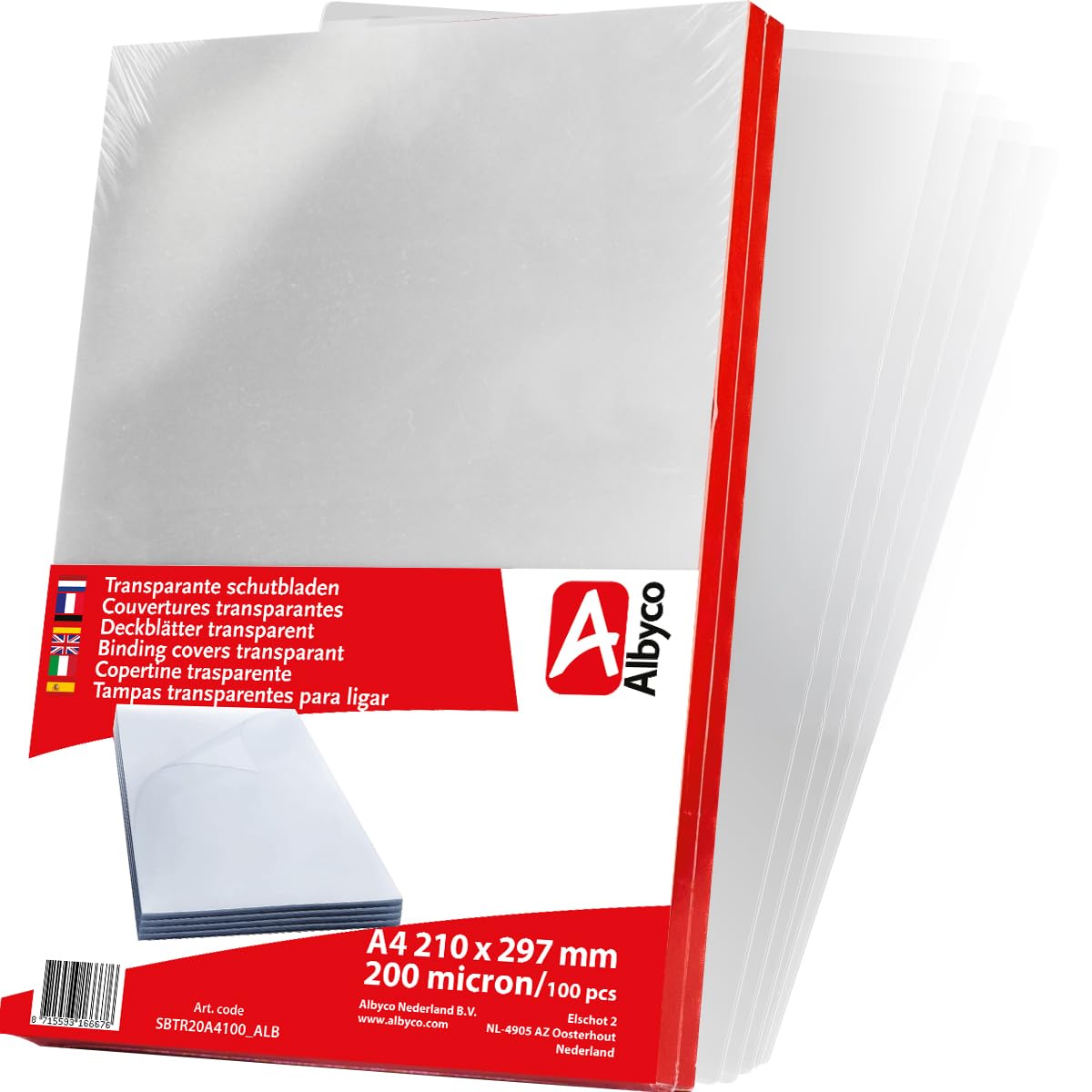 Albyco Clear Cover Cover, PVC Cover Sheets, Transparent Film, DIN A4, 210 x 297 mm, 0.20 mm/200 Micron, Glossy, per 100 Pieces