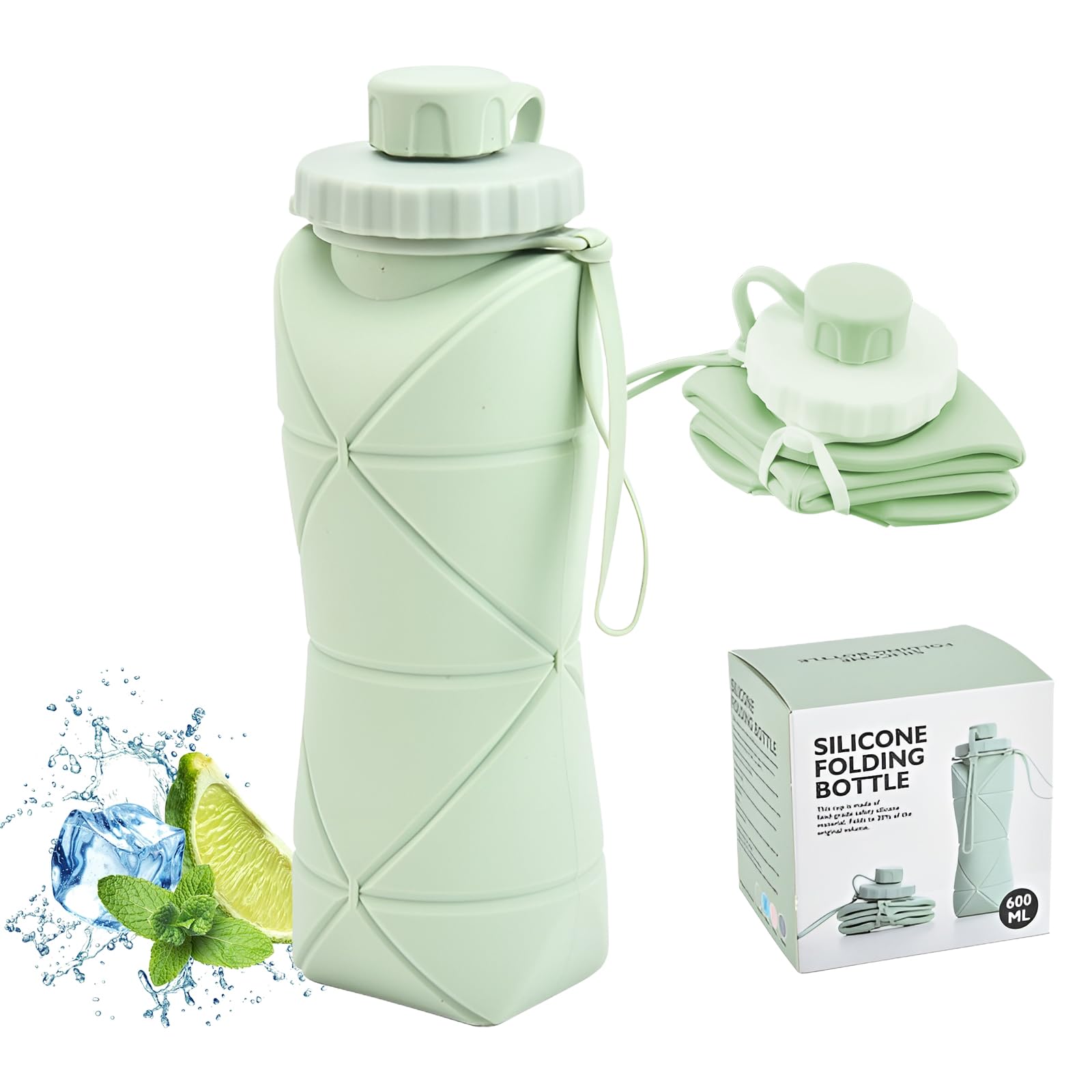 Photo 1 of JINGYAN Collapsible Water Bottle 20oz, BPA-Free Silicone Foldable Design with Leak-Proof Lid & Lanyard - Portable Travel Water Bottle for Hiking, Gym, Camping (Green)