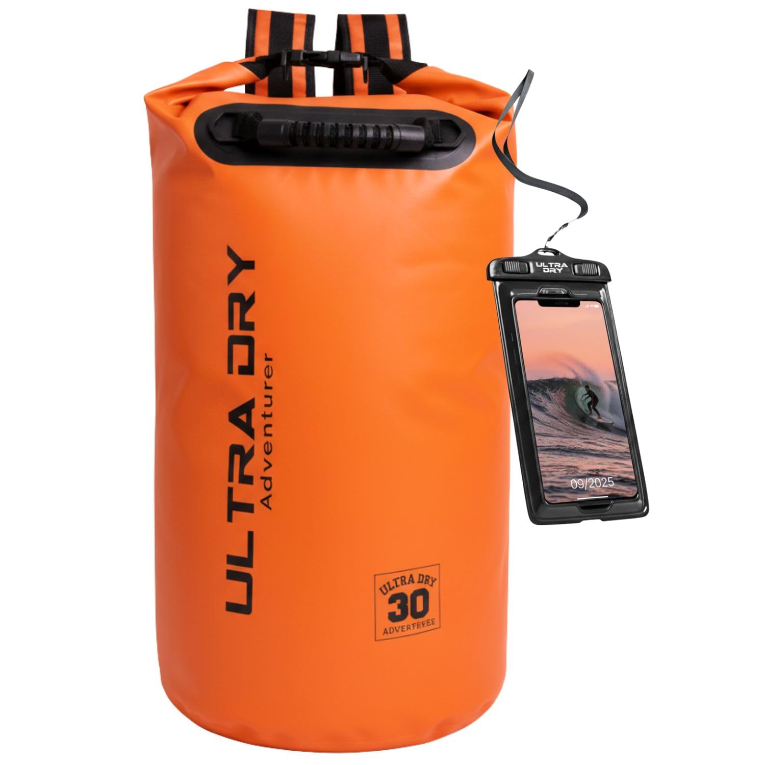 Ultra Dry Adventurer 30L Dry Bag Backpack - Premium Orange Waterproof Bag with Waterproof Phone Pouch & Padded Backpack Straps for Kayaking, Canoeing, Boating & Camping