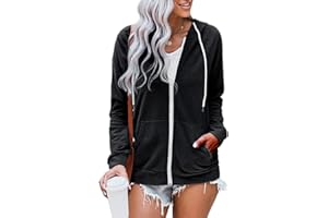 WROLEM Women Casual Full Zip Up Hoodie Comfy Loose Long Sleeve Sweatshirt Solid Color Jacket with Pockets