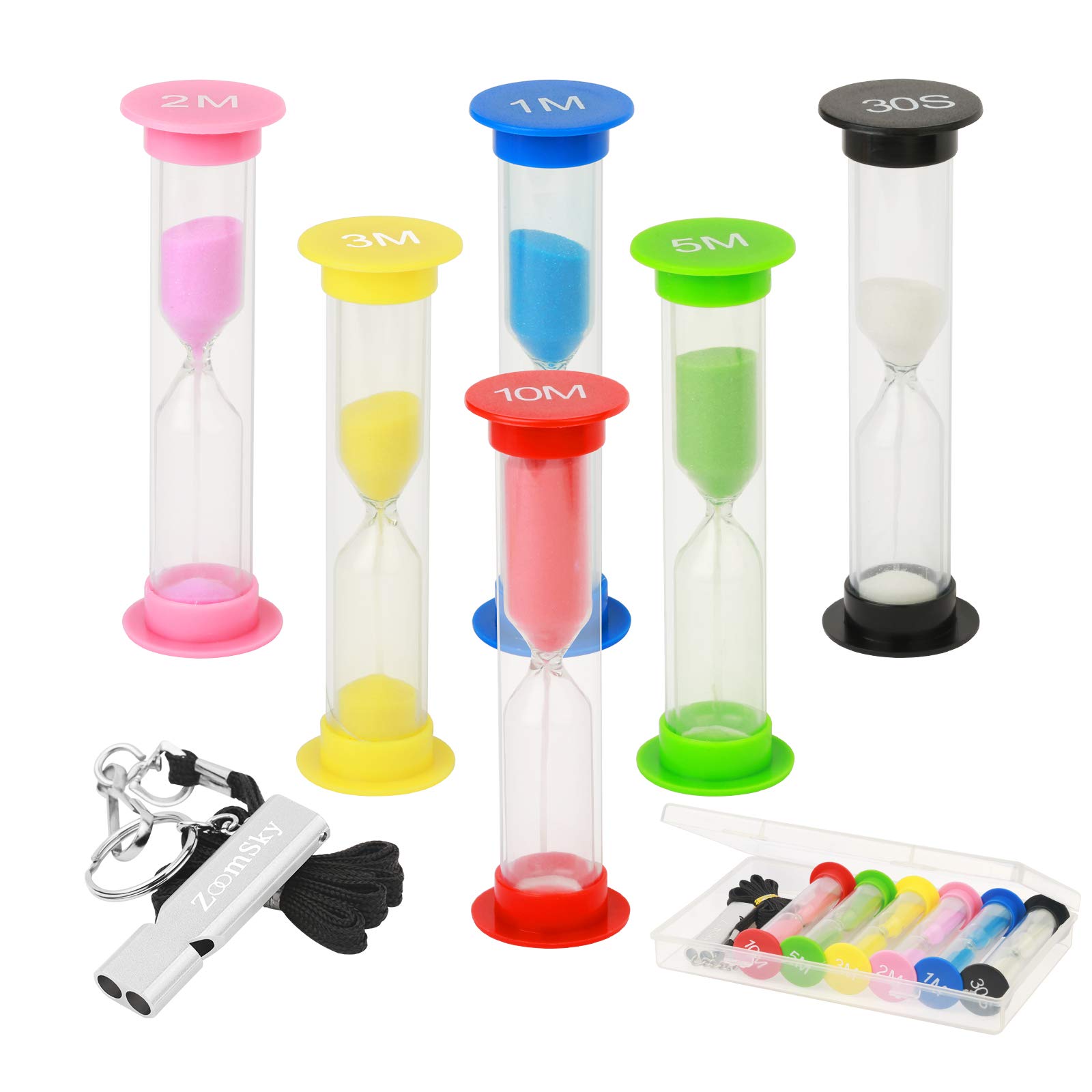 Sand Timer MEZOOM 6 Pcs Colorful Hourglass Sandglass 10 mins /5 mins /3 mins /2 mins /1 mins /30 sec Sand Clock Timer with Silver Whistle and Storage Box for Kitchen Cooking Kids Adult (Small)