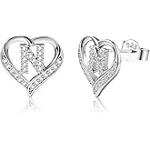 LAXPICOL 26 Initial Earrings for Women Letter A-Z 925 Sterling Silver Stud Earrings Cubic Zirconian Heart Stud Earrings Birthday Valentines Day Gifts for Women 0.5" Silver Tone