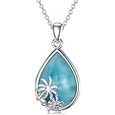 BETHZA Natural Larimar Necklace 925 Sterling Silver Teardrop Blue Larimar Gemstone Palm Tree Pendant Summer Beach Jewelry Gifts for Women