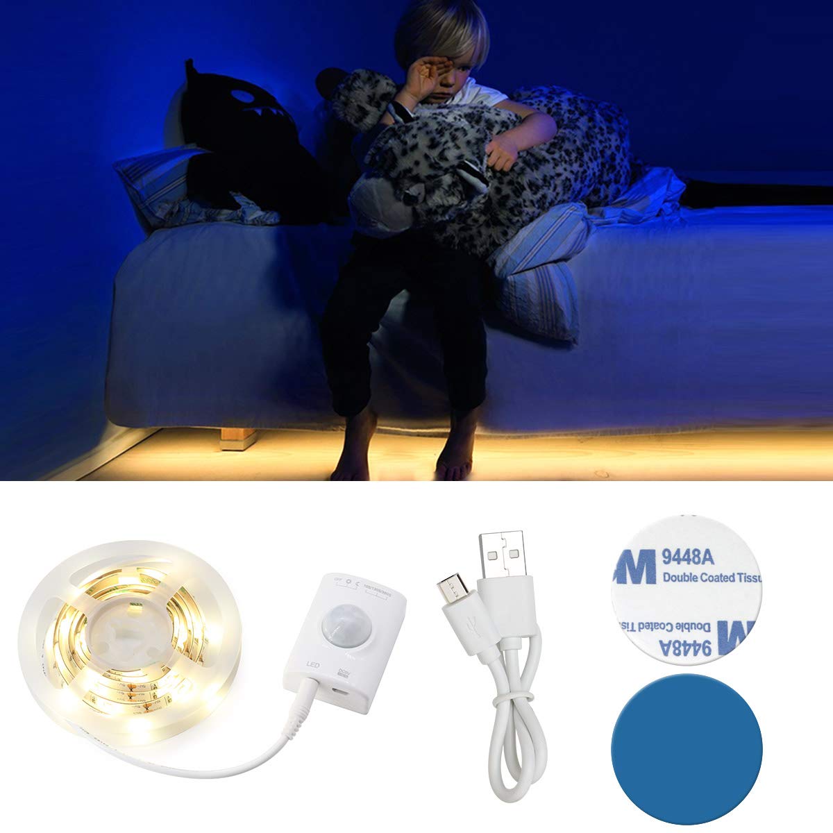 Lumière de Lit VDROL Bande LED Sensor de Mouvement Éclairage Lumière qui s\'Allume et s\'Éteint Automatiquement Idéal pour le Chevet, la Chambre à Coucher, Sous la Crèche, placard, Armoire, Plateau