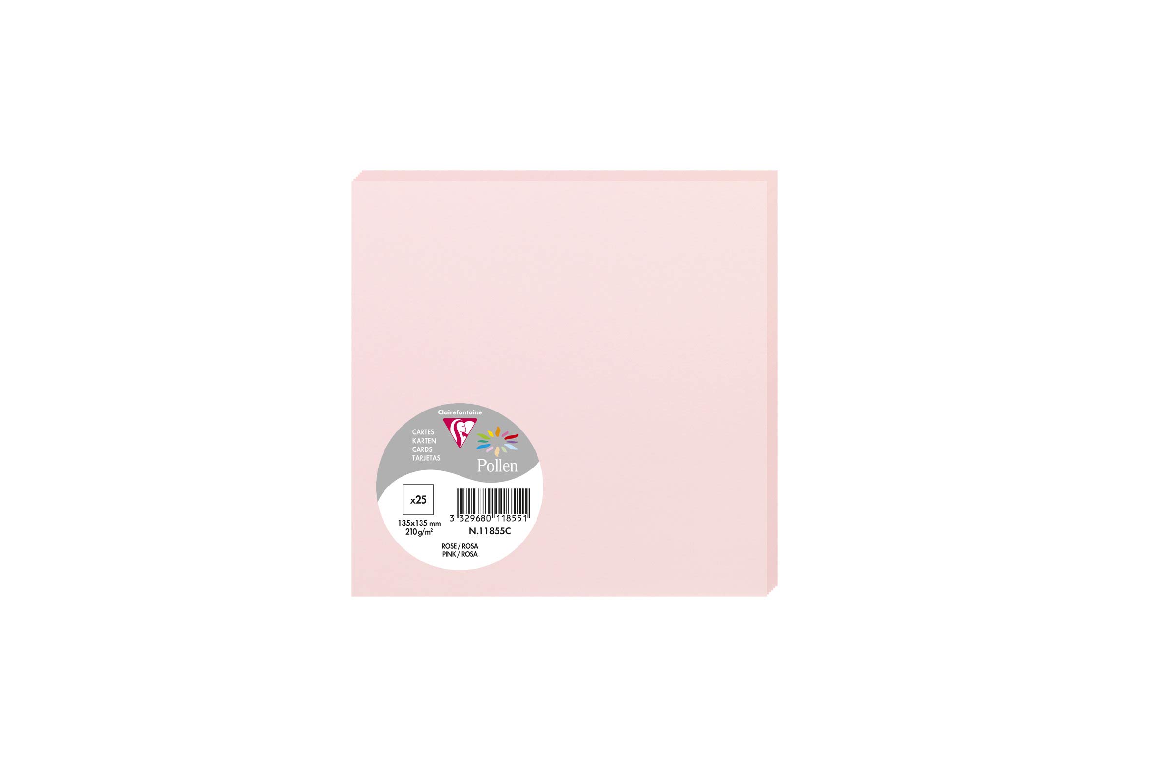 Clairefontaine 11855C Pack of 25 Plain Cards Square Format 13.5x13.5cm 210gsm Pink Event Correspondence Invitation Cards Pollen Range Smooth Premium Paper — image 1