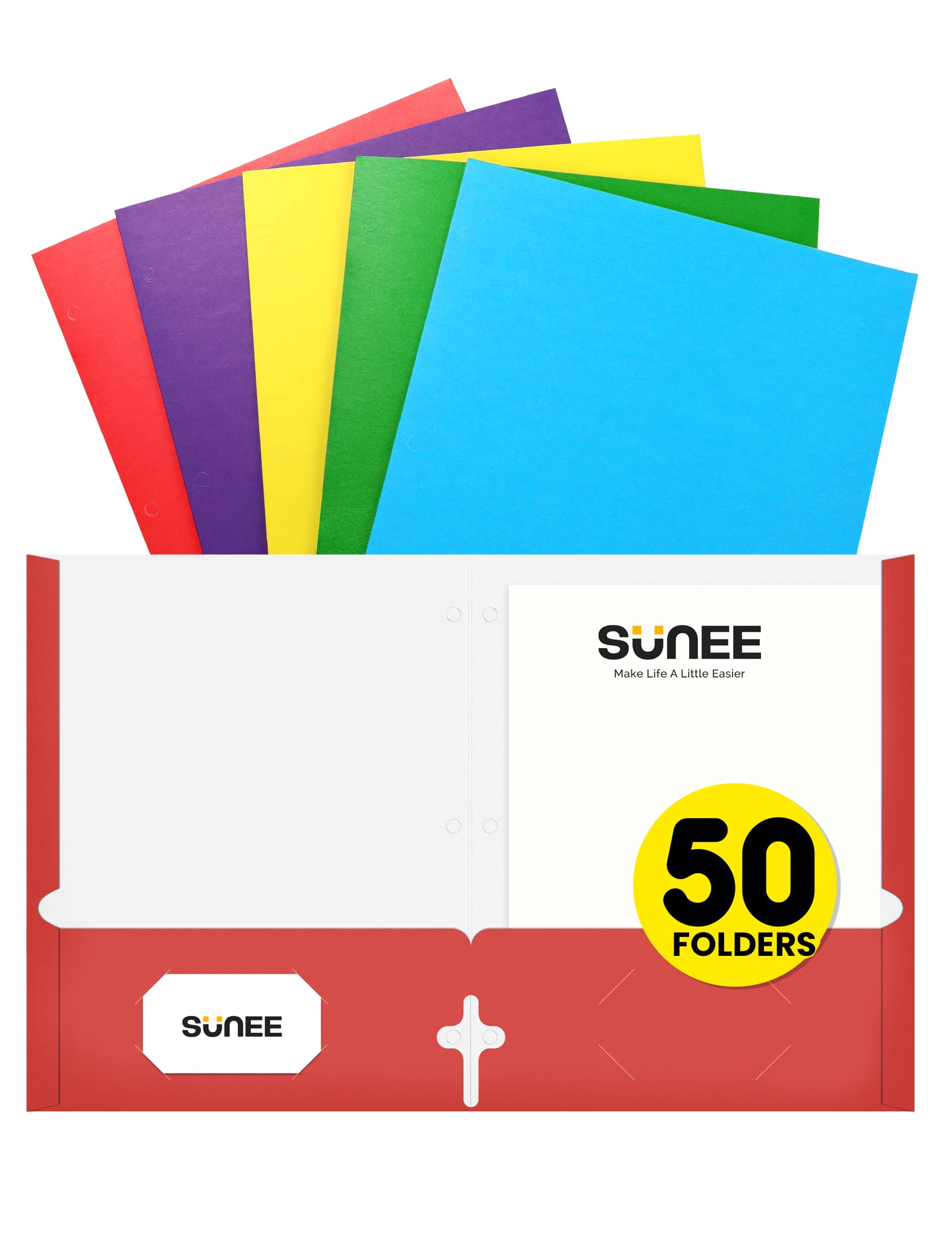 Photo 1 of SUNEE Folders with Pockets 3 Hole Punched(50 Pack, Assorted Colors), 2 Pocket Folders Fit Letter Size Paper, Paper File Folder for School Office Home Bussiness