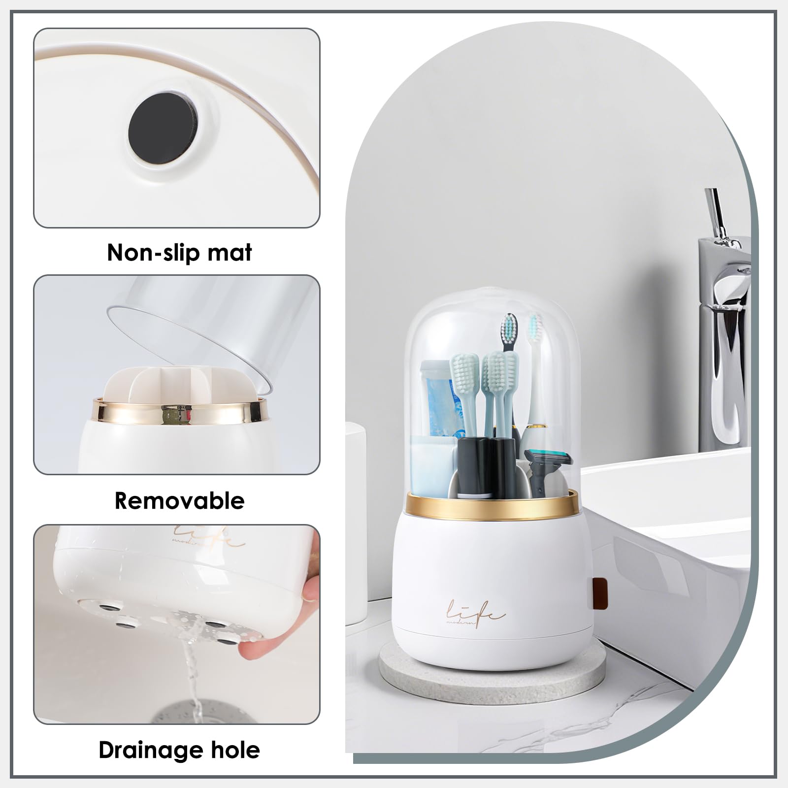 EXIN DECHEN Toothbrush Holders with Cover for Bathrooms, 360° Rotating 7-Slot Draining Water for Placing Kids Electric Toothbrushes,Toothpaste,Razors,Bathroom Counter Dresser Vanity Organizer(White)