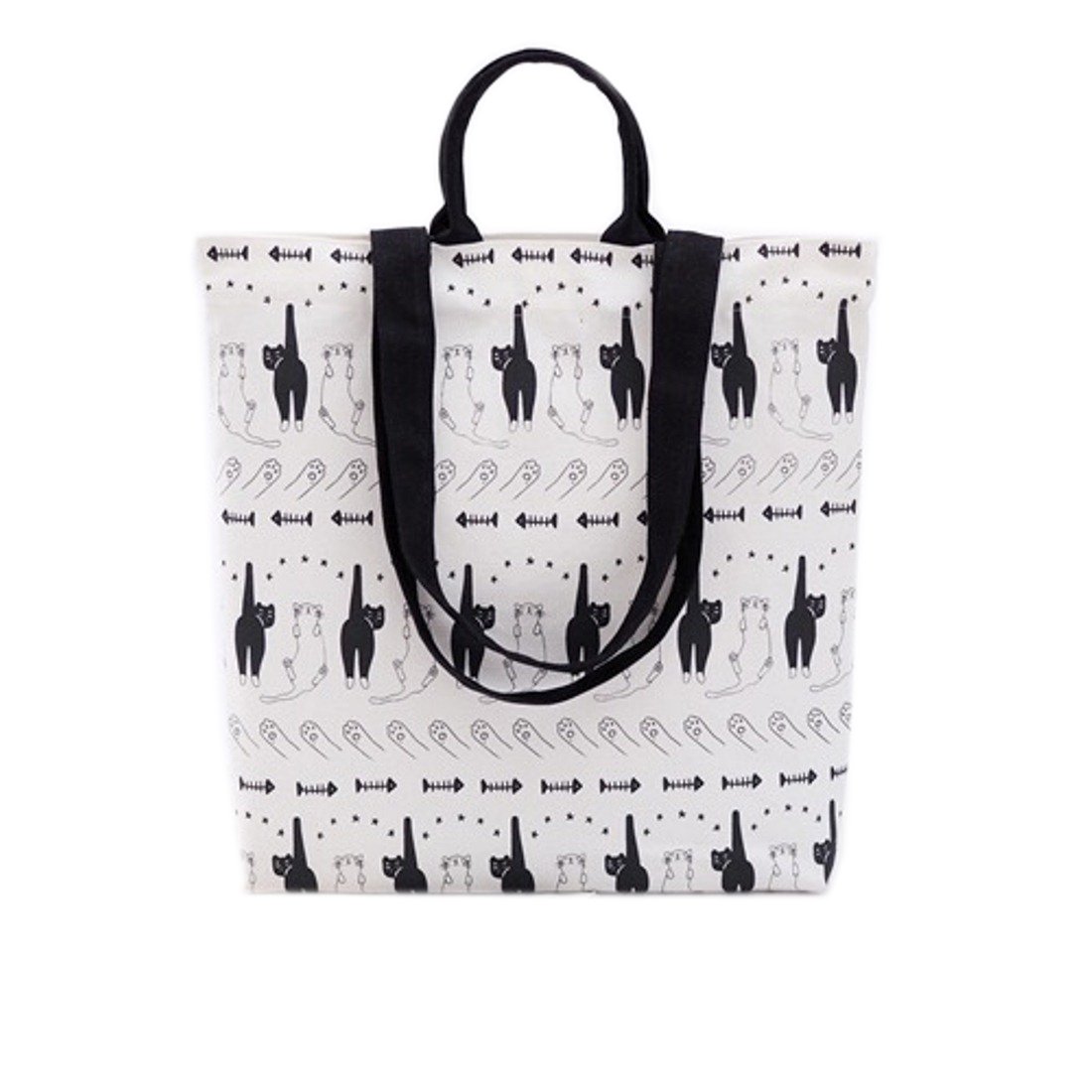 PEONNYT Printed Tote Bag White&Black/Blue Cat Design Reusable Shopping Bag Grocery Bag/Kids Student Shoulder Bag Gift for Cat Lover (B&W)