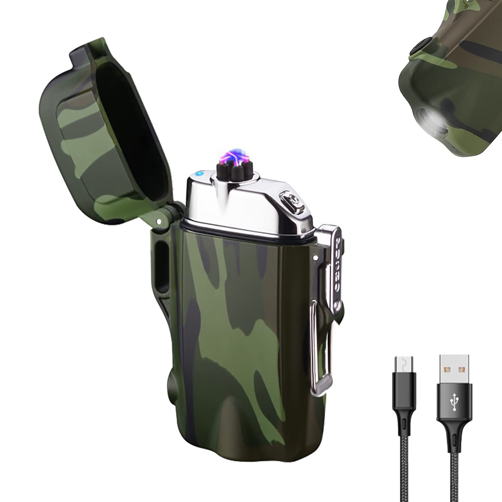 SKRFIRE Windproof & Waterproof Dual Arc Electric Lighter with LED Flashlight, Rechargeable USB Flameless Plasma Lighter & Lanyard for Camping & Hiking (Camouflage)
