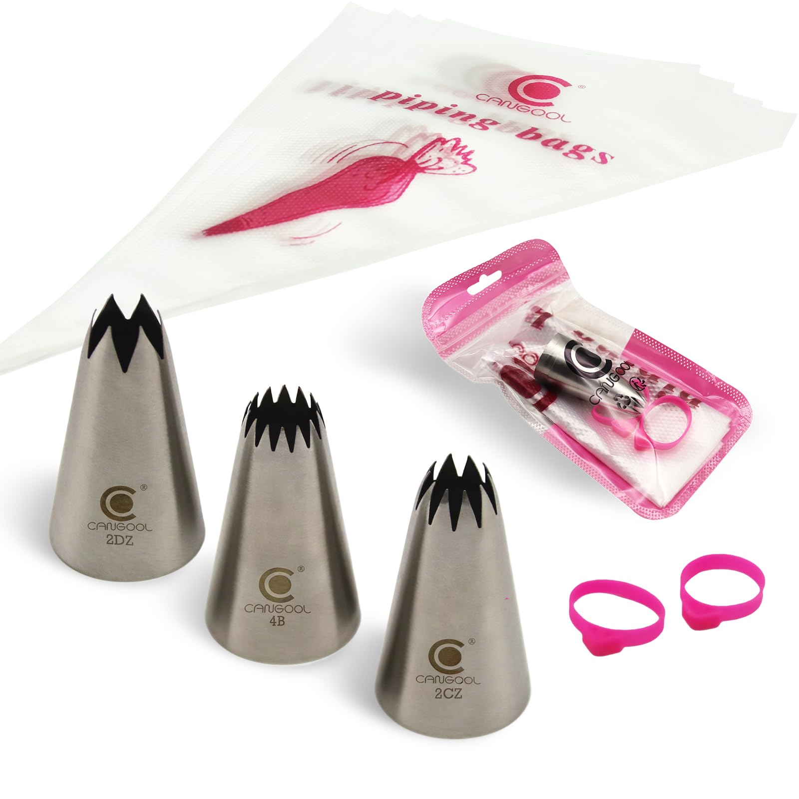 Cangool Piping Nozzle Set Pattern #2CZ #2DZ #4B - Professional Icing Bag Set with Various Nozzles for Creative Cake Decorations