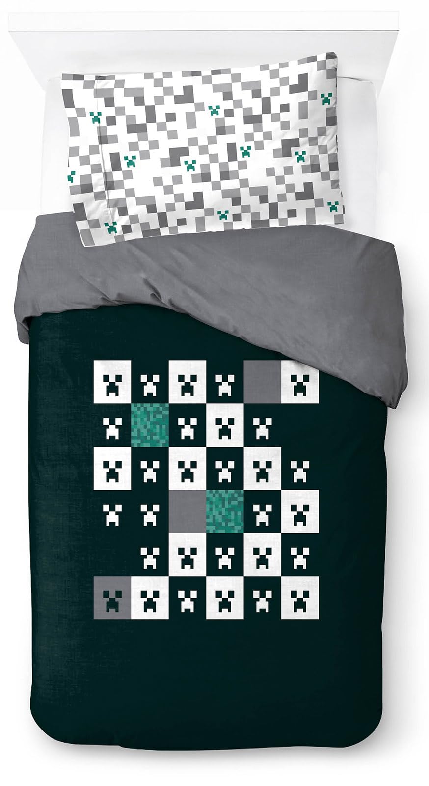 Jay Franco Minecraft Creeper Checkered 100% Cotton Single Duvet Cover Set - Includes 50 x 70cm Pillowcase