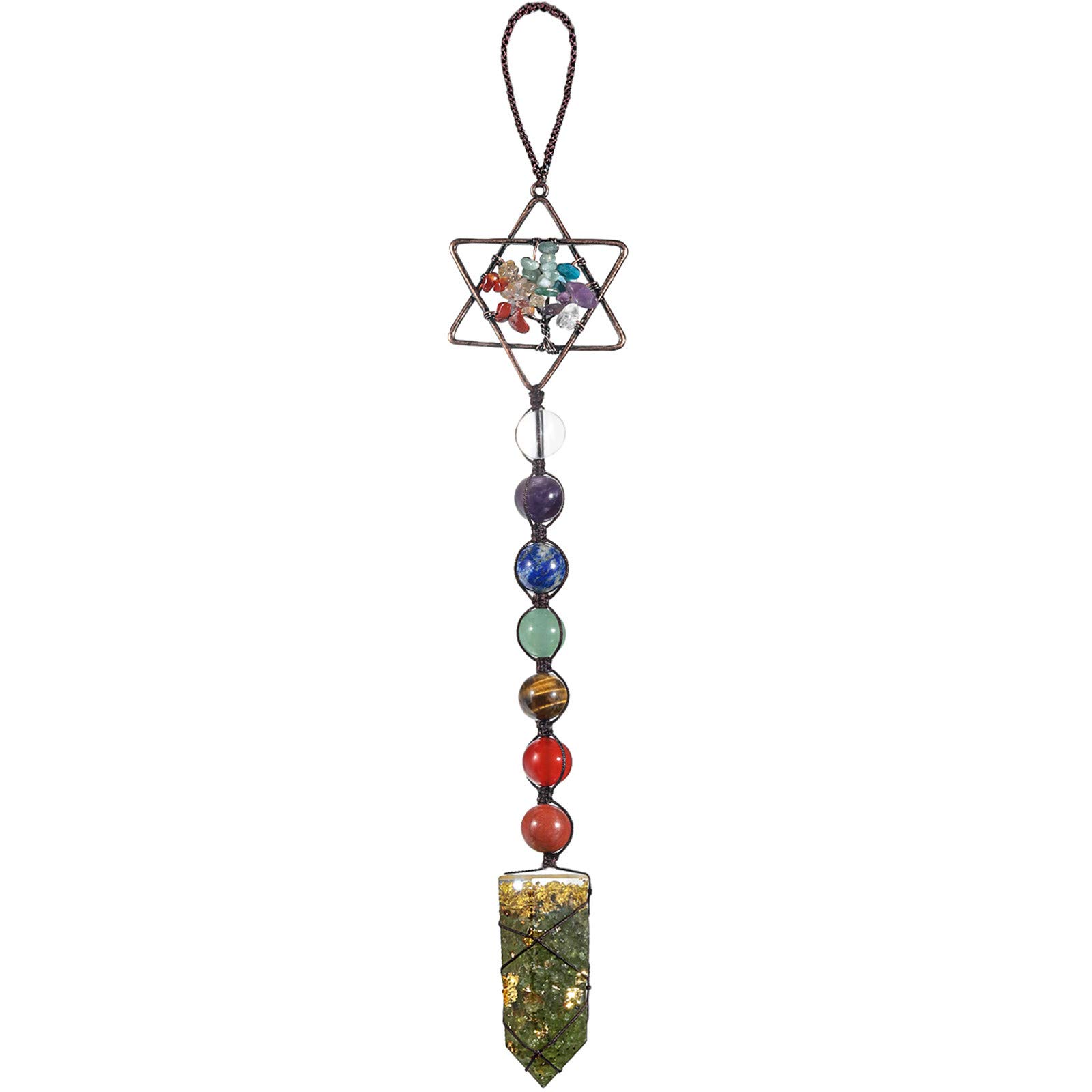 Nupuyai Peridot 7 Chakra Tree of Life Hanging Ornament, Merkaba Star Energy Crystal Wand Spiritual Ornament for Car Home Office Decor with Gift Box 28cm