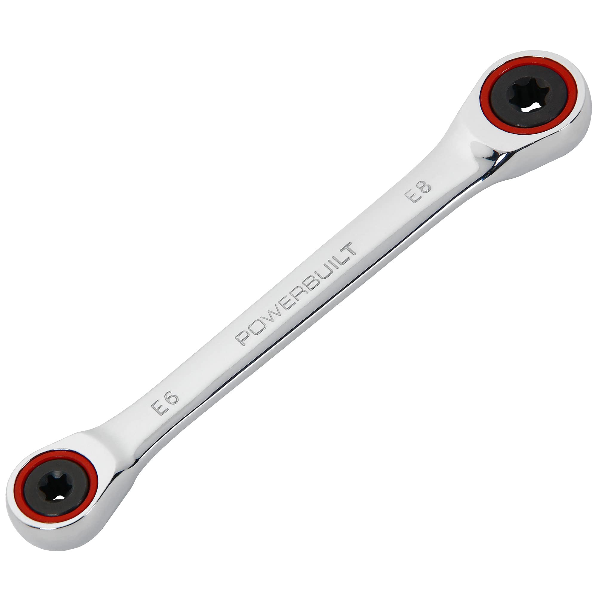 Powerbuilt Ratcheting Double Box-End E-Star Wrench E6/E8, 5 Degree Swing, 72 Tooth, Red Color Ring, Hand Tool 641759