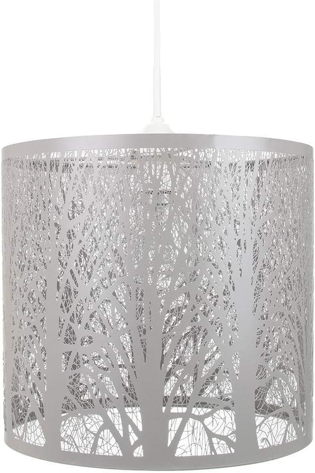 Unique and Beautiful Soft Grey Metal Forest Design Ceiling Pendant Shade When Lit The Light Escapes Through The Gaps and Casts The Forest Against The Walls and Ceiling by Happy Homewares