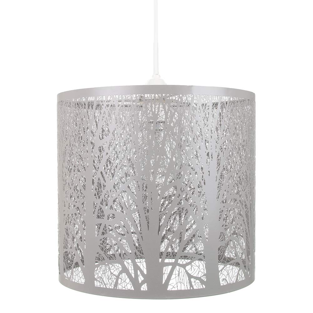 Unique and Beautiful Soft Grey Metal Forest Design Ceiling Pendant Shade When Lit The Light Escapes Through The Gaps and Casts The Forest Against The Walls and Ceiling by Happy Homewares