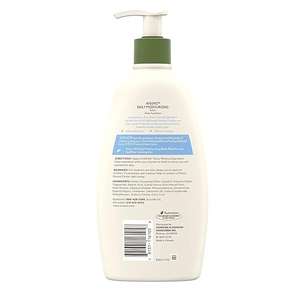 AVEENO ACTIVE NATURALS – DAILY MOISTURIZING LOTION – SHEER HYDRATION – FRAGRANCE FREE – NET WT. 18 FL OZ (530 ML) PER BOTTLE –