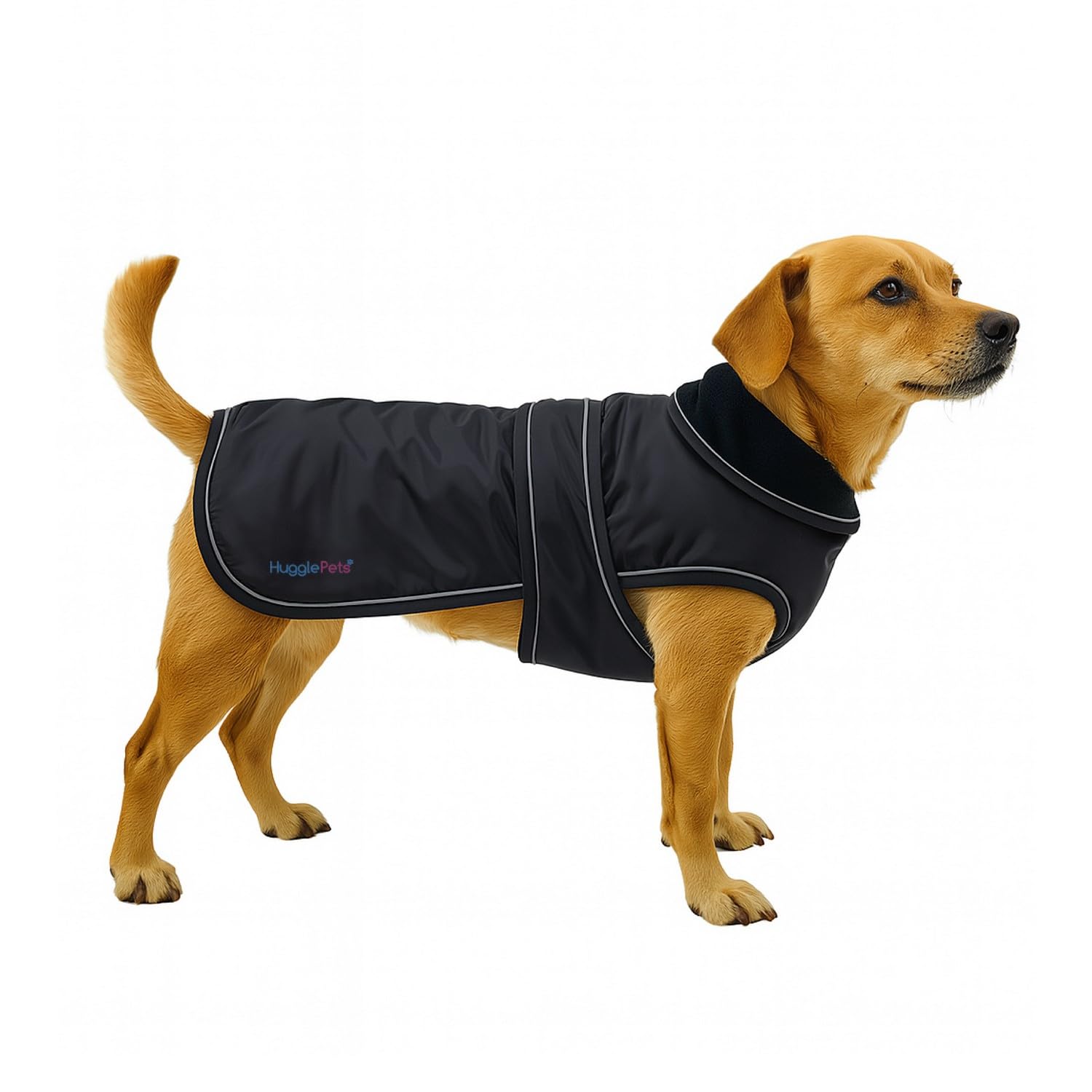 Hugglepets Arctic Armour Waterproof Thermal Dog Coat - Black (Large 50cm) Reflective Microfleece-Lined Coat for Large Dogs with Adjustable Hook & Loop Fastening & Zipper for Harness or Collar.