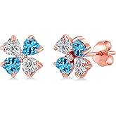 Gem Stone King 18K Rose Gold Plated Silver Lab Grown Diamond and Swiss Blue Topaz Stud Earrings for Women | 2.27 Cttw | Gemstone April Birthstone | Heart Shape 4MM