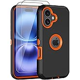 Aimoll-88 for iPhone 16 Case, with 2 Screen Protector Heavy Duty Drop Protection, Full Body 3 Layer Rugged Shockproof Dust-Proof Tough Protective Phone Cover for Apple iPhone 16 (Black/Orange)