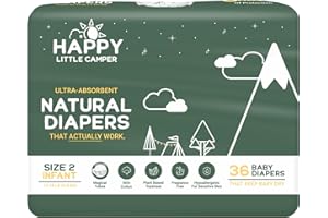 Happy Little Camper Ultra-Absorbent Natural Baby Diapers Size 2 - Hypoallergenic & Chlorine-Free Disposable Diapers Safe for Sensitive Skin - Unscented Infant Diapers - 36 Count