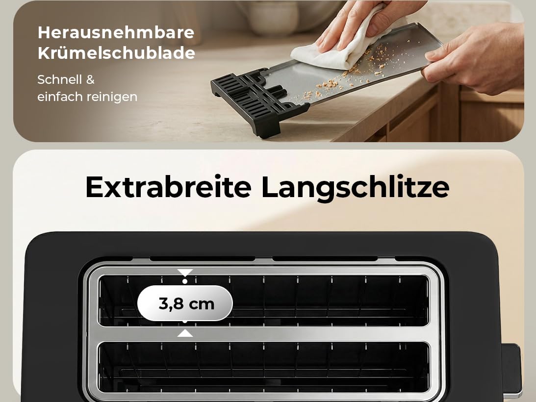 Balter Toaster 4 Scheiben, Touch Bedienung, Langschlitz, Edelstahl, Brötchenaufsatz, LCD Display Langschlitztoaster, Auftaufunktion, Brotzentrierung, TS-44 Schwarz matt 6