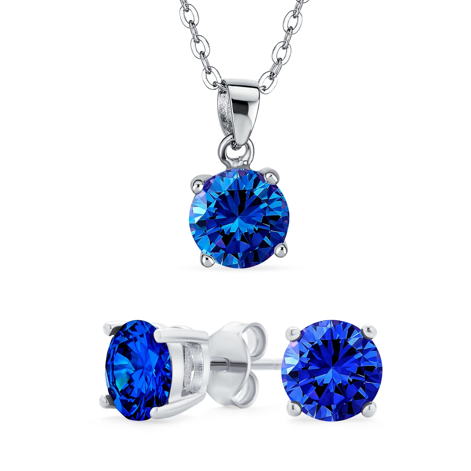 Simple Delicate Solitaire Round Blue Pendant Stud Earrings Jewelry Set Cubic Zirconia Simulated Sapphire Rhodium Plated .925 Sterling Silver