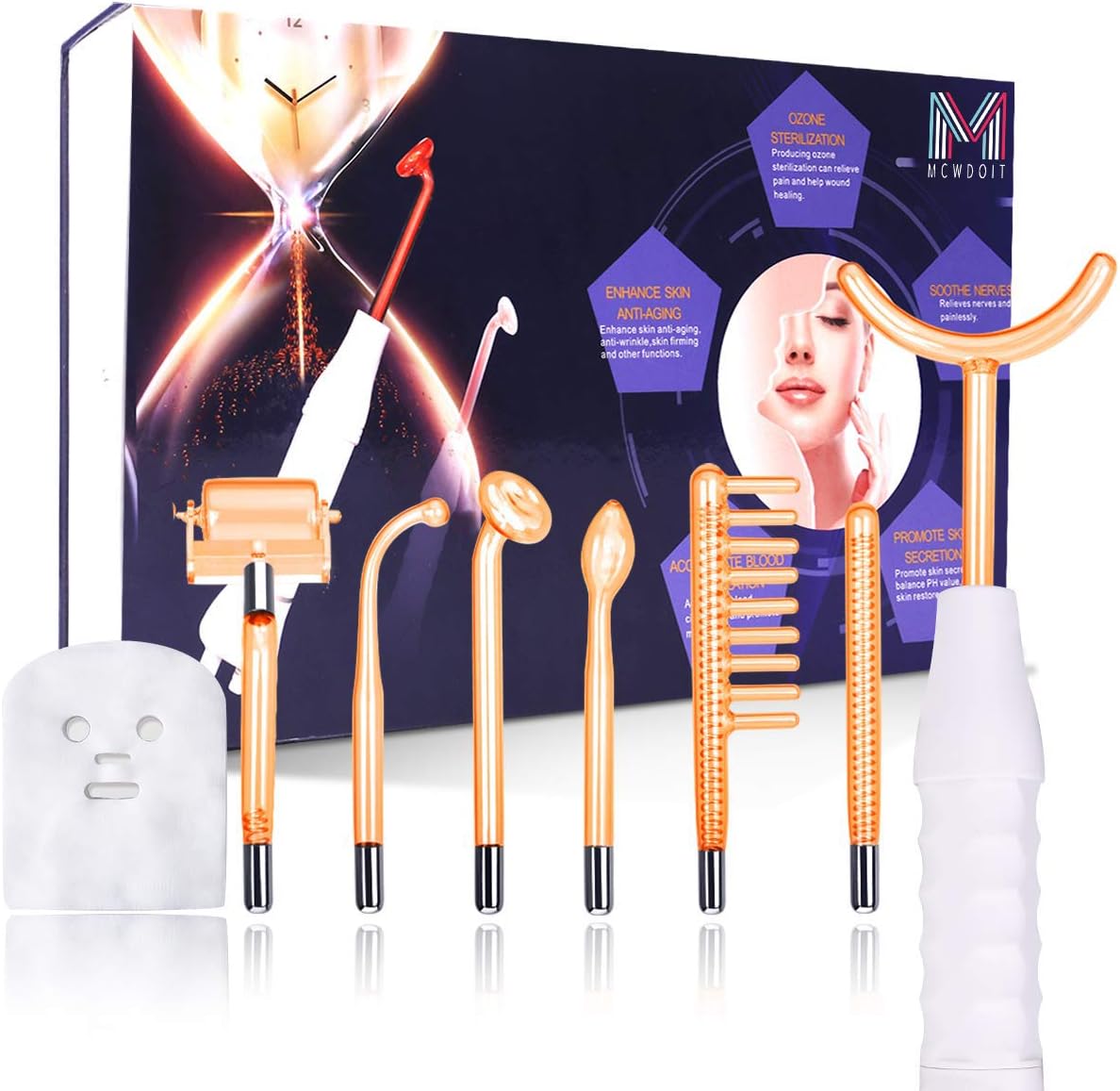 MCWDOIT 7 in 1 High Frequency Facial Machine, Portable Hand Held High Frequency Skin Therapy Machine with 7 Glass Tubes & Wands, Acne Treatment, Wrinkle Reducing, Skin Tightening, Facial Skin Lifter
