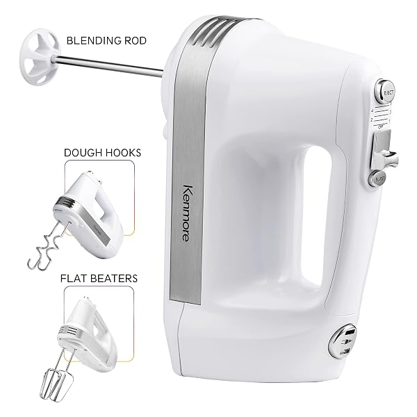 KENMORE 5-SPEED HAND MIXER/BLENDER, 250 WATTS, WITH BEATERS, DOUGH HOOKS, LIQUID BLENDING ROD, AUTOMATIC CORD RETRACT, BURST CONTROL, AND CLIP-ON ACCESSORY STORAGE