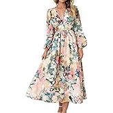 LOZ Women's 2026 Spring Summer Maxi Dresses Long Sleeve V-Neck Puff Sleeve Long Dresses Elegant Wedding Guest Maxi Dress