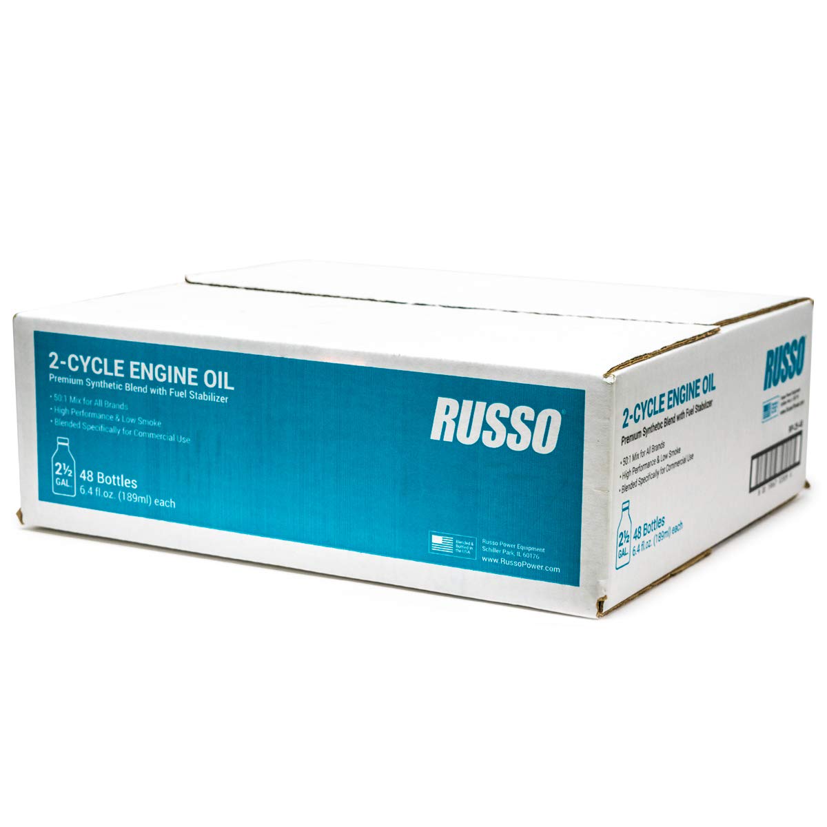 Russo Case 48 Bottles Synthetic Blend 2 Cycle Oil 6.4 Oz 50:1 Mix 2.5 Gallon