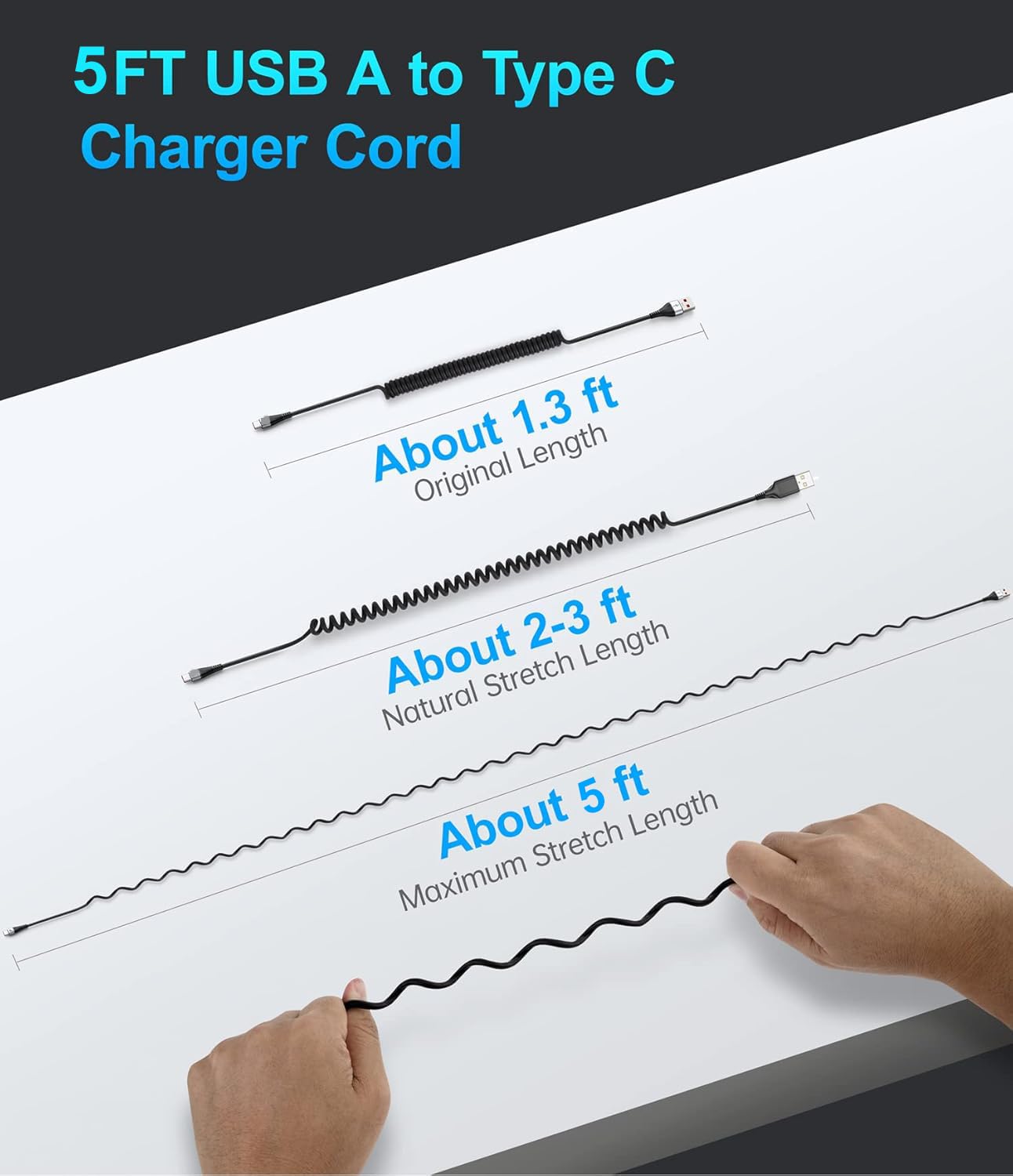 USB to USB-C Cable 5 ft, iPhone 16e Retractable Fast Charging Cord, USBC Coiled Spring Cable for iPhone 16 Pro Max 15 Plus, Samsung Galaxy S25 Ultra, Pixel 9A 9 Pro Android Auto Apple CarPlay