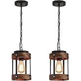 2 Pack Rustic Farmhouse Wood Pendant Light Fixture One-Light Adjustable Chain Oak Wood and Metal Drum Cage Small Pendant Ligh