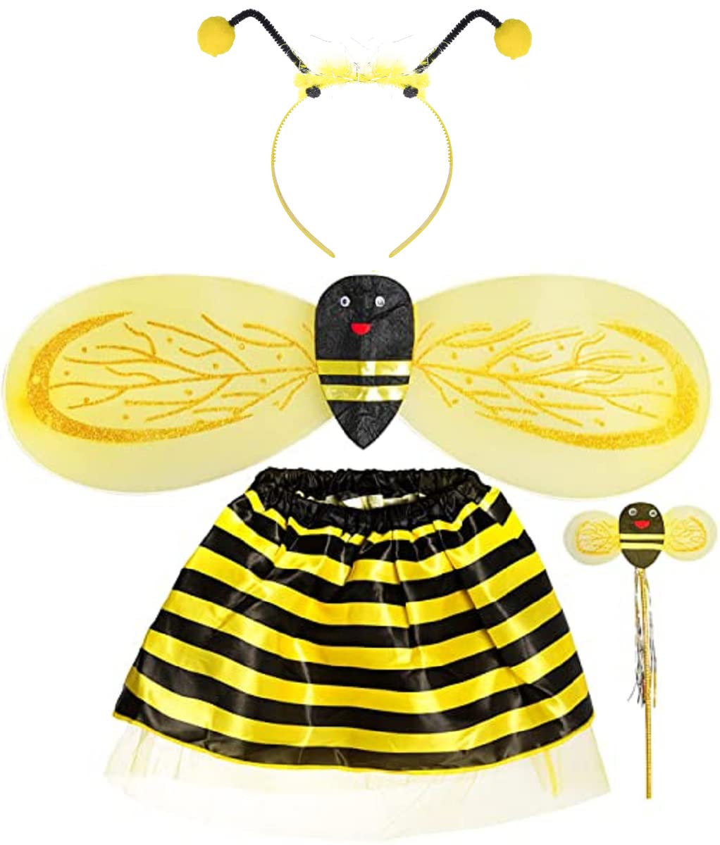 jerbro Pack of 4 Bee Costume Outfits Fancy Dress Costumes Tutu Skirt + Wings + Antenna Headband + Fairy Wand for Women Carnival Halloween Cosplay Party