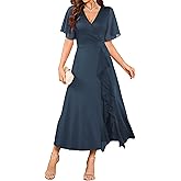 ZAFUL Womens Semi Formal Wedding Guest Dresses Mother of Bride Dresses Split Ruffle V Neck Flared Sleeve Evening Dress 2026