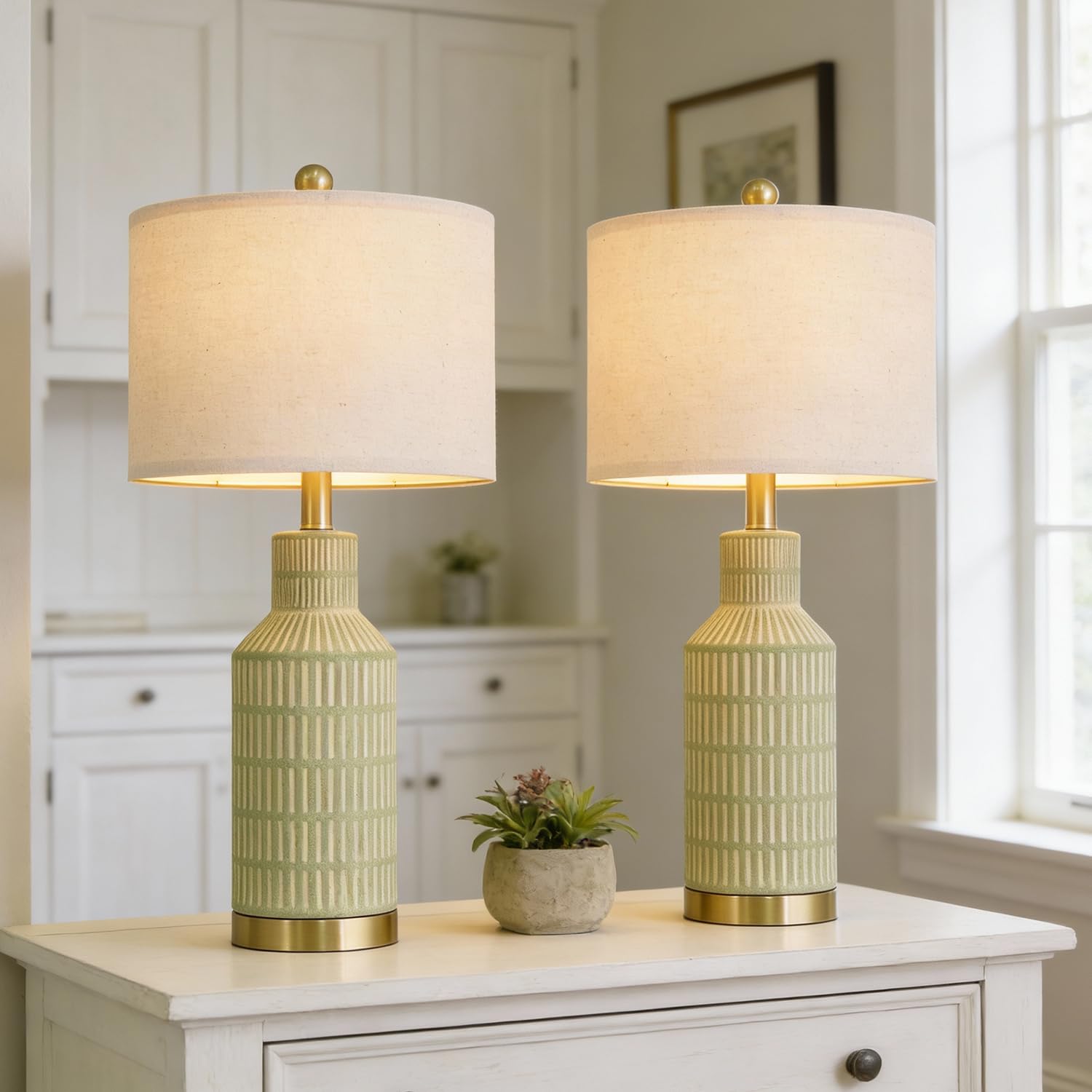 USumkky 25" Green Ceramic Table Lamp - Modern Bedside Nightstand Lamp, Easy Assembly Twist Knob Switch for Bedroom Living Room Home Office Decor (Bulb Not Included) Image