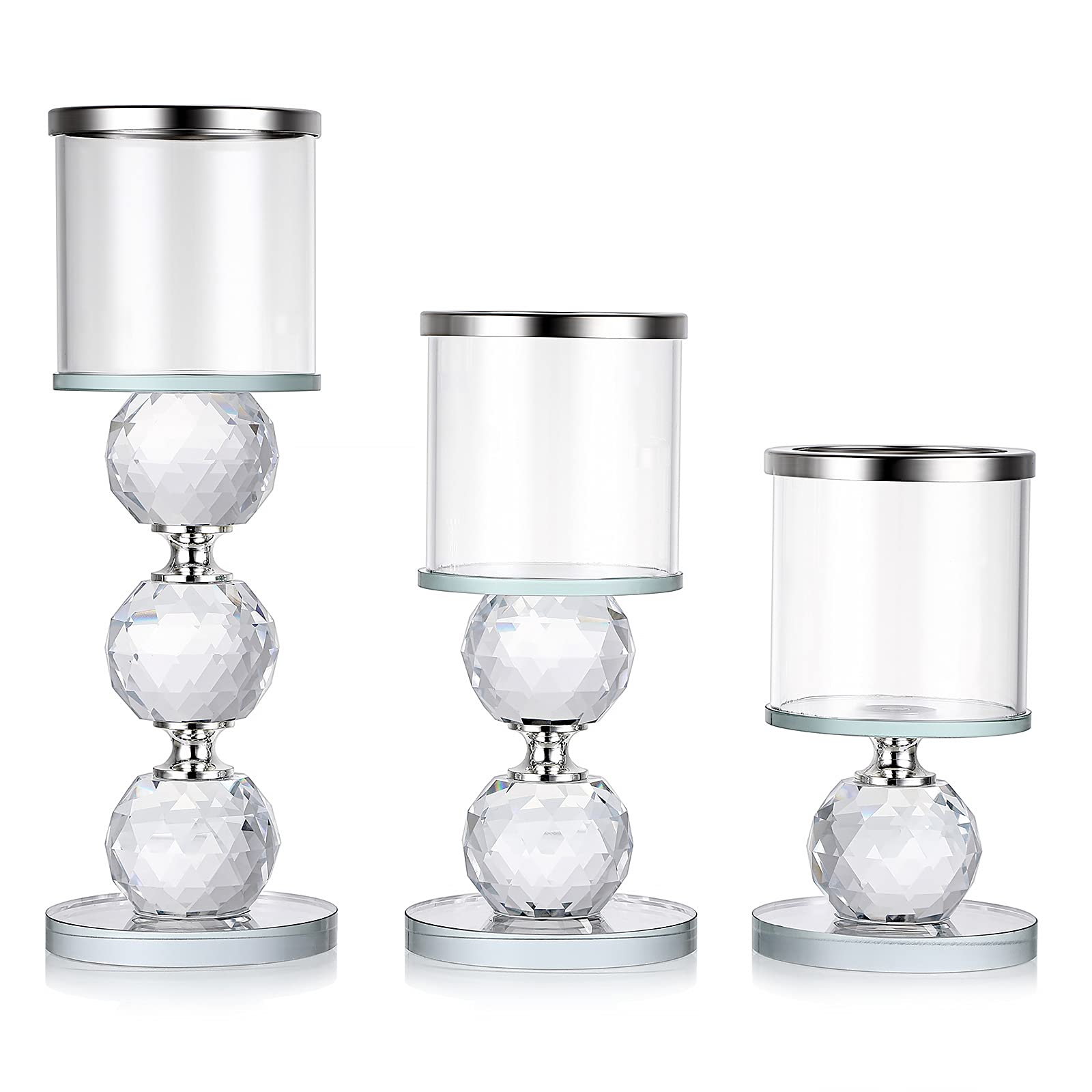 Photo 1 of OwnMy Set of 3 Crystal Glass Candlestick Holders Pillar Candle Holders with Glass Covers, Modern Clear Glass Tea Light Candle Sticks Votive Candle Stands for Table Centerpiece Wedding Decor (Silver)