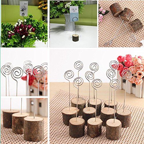 K.MAX Wooden Base Place Card Holders, Rustic Iron Wire Picture Picks Clip Holder Stand, Ideal for Party Name Number Photo, Wedding Table Home Decorations (10pcs)