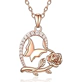 Lmoneta Rose Flower Necklace Butterfly Heart Rose Gold Pendant Necklace Birthday Jewelry Christmas Gifts for Her Wife Mom Girlfriend